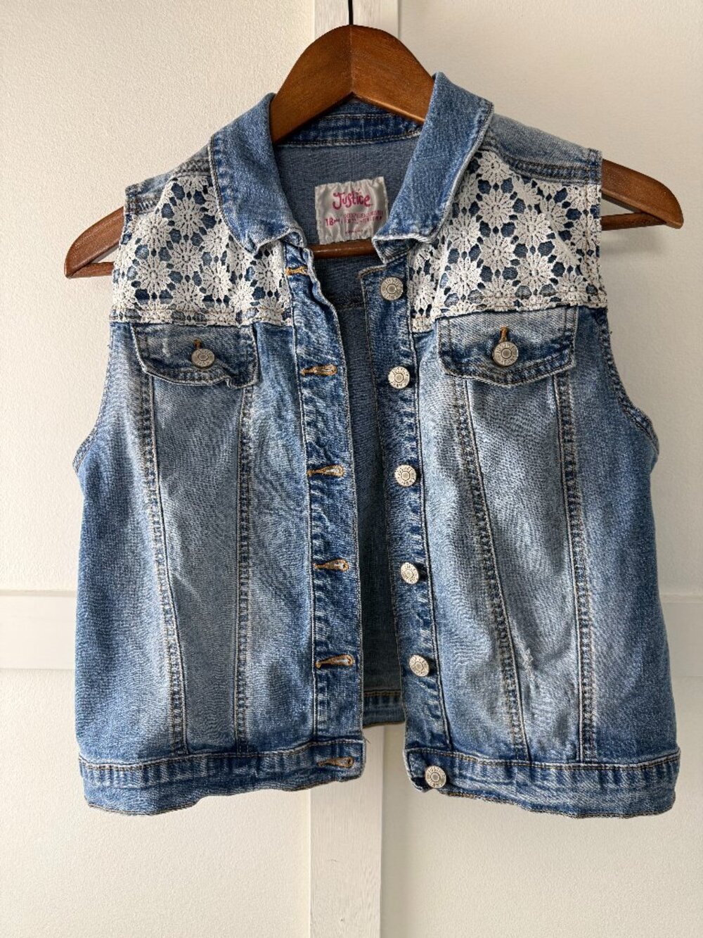 Justice Denim Vest with Lace Trim